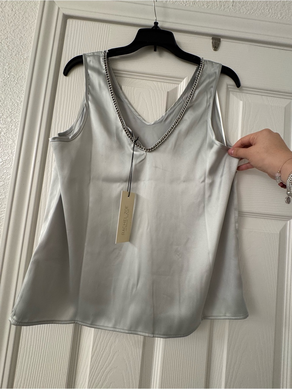 Rachel Zoe Silver Satin V-Neck Tank with Chain Detail